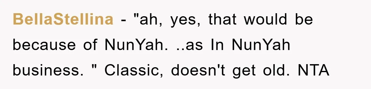 BellaStellina − "ah, yes, that would be because of NunYah. ..as In NunYah business. " Classic, doesn't get old. NTA