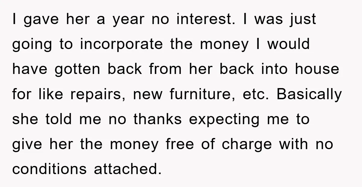 I gave her a year no interest. I was just going to incorporate the money I would have gotten back from her back into house for like repairs, new furniture,...