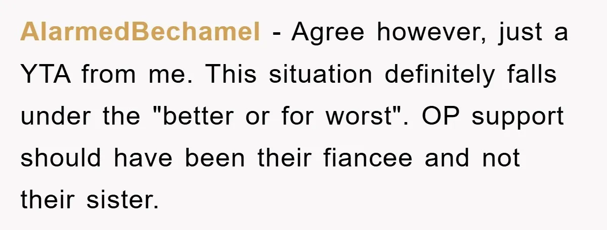 AlarmedBechamel − Agree however, just a YTA from me. This situation definitely falls under the "better or for worst". OP support should have been their fiancee and not their sister.