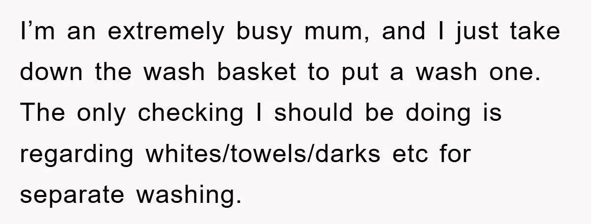 I’m an extremely busy mum, and I just take down the wash basket to put a wash one. The only checking I should be doing is regarding whites/towels/darks etc for...