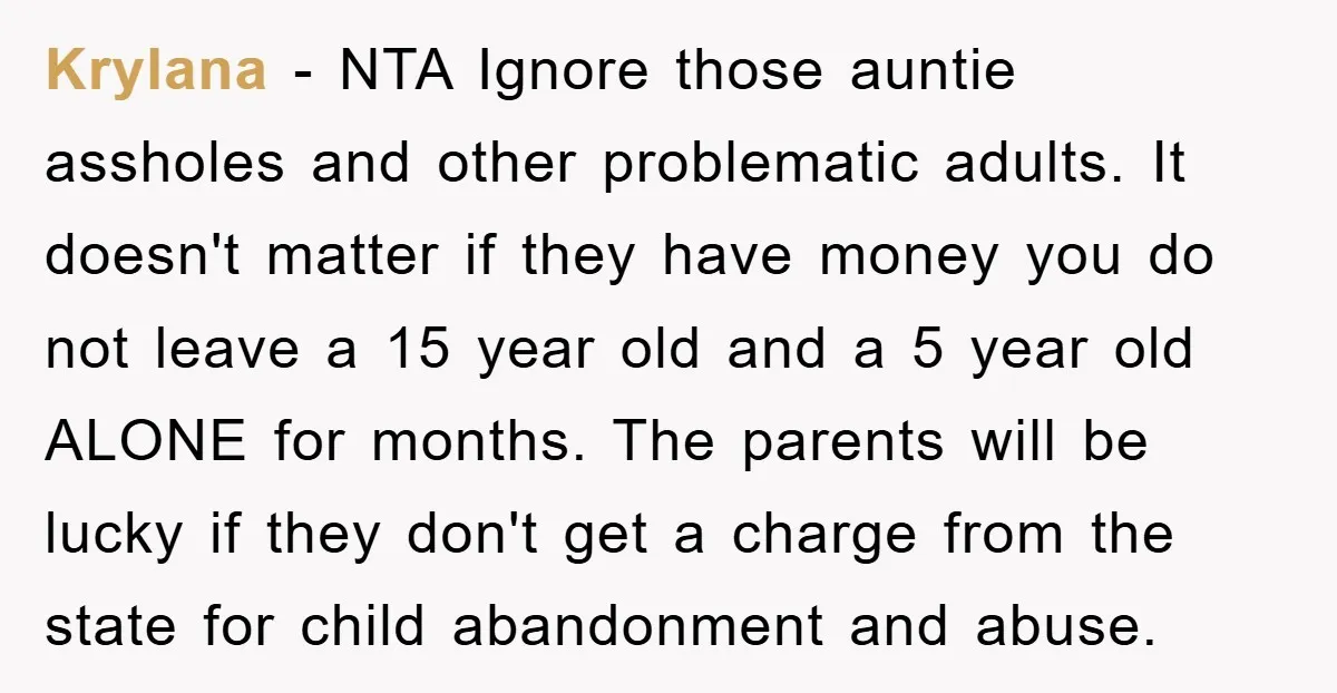 Krylana − NTA Ignore those auntie assholes and other problematic adults. It doesn't matter if they have money you do not leave a 15 year old and a 5 year...