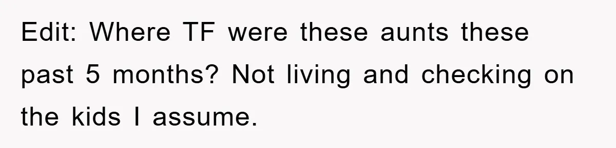Edit: Where TF were these aunts these past 5 months? Not living and checking on the kids I assume.