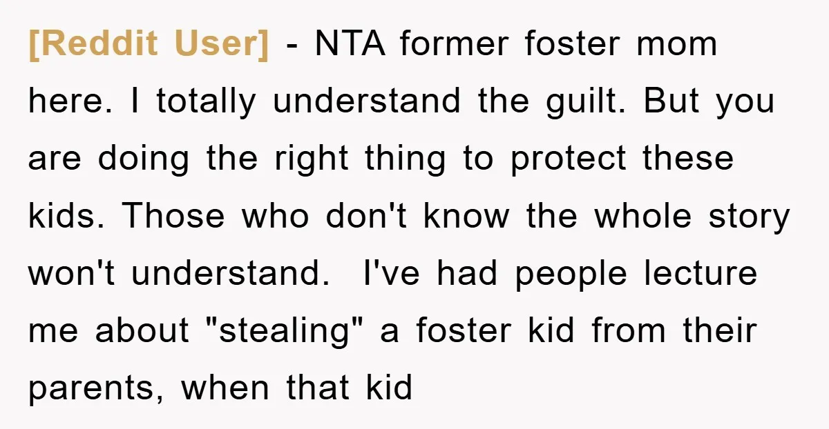 [Reddit User] − NTA former foster mom here. I totally understand the guilt. But you are doing the right thing to protect these kids. Those who don't know the whole...