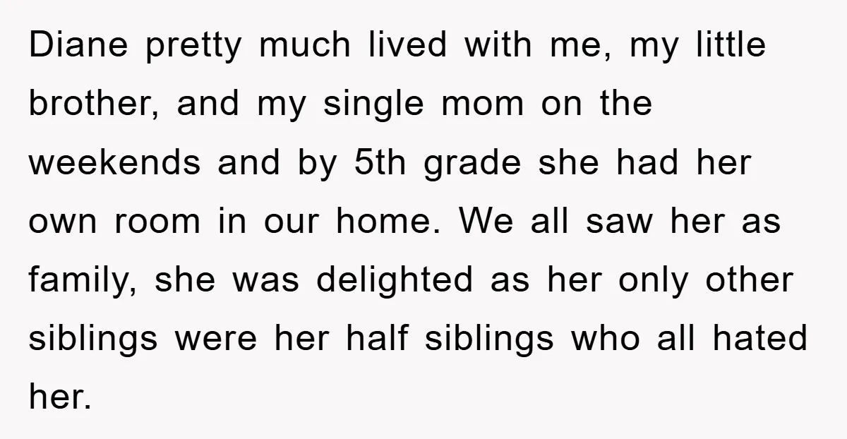 Diane pretty much lived with me, my little brother, and my single mom on the weekends and by 5th grade she had her own room in our home. We all...