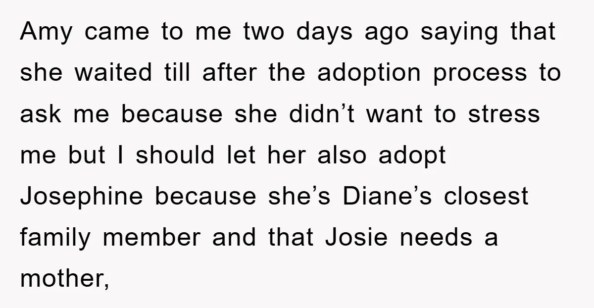 Amy came to me two days ago saying that she waited till after the adoption process to ask me because she didn’t want to stress me but I should let...