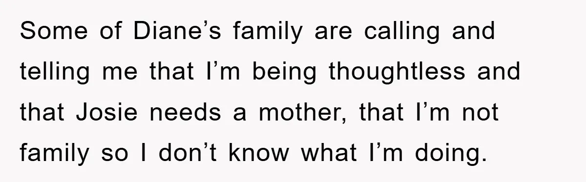Some of Diane’s family are calling and telling me that I’m being thoughtless and that Josie needs a mother, that I’m not family so I don’t know what I’m doing.
