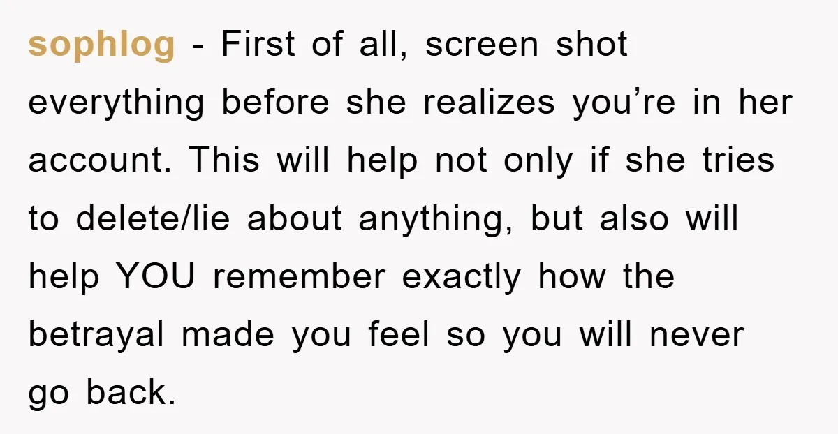 sophlog − First of all, screen shot everything before she realizes you’re in her account. This will help not only if she tries to delete/lie about anything, but also will...