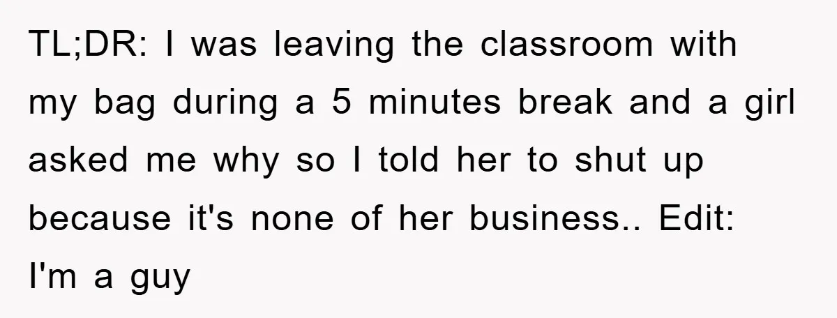 TL;DR: I was leaving the classroom with my bag during a 5 minutes break and a girl asked me why so I told her to shut up because it's none...