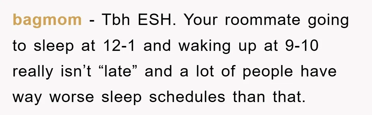 bagmom − Tbh ESH. Your roommate going to sleep at 12-1 and waking up at 9-10 really isn’t “late” and a lot of people have way worse sleep schedules than...