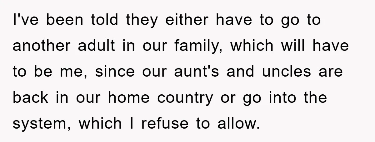 I've been told they either have to go to another adult in our family, which will have to be me, since our aunt's and uncles are back in our home...