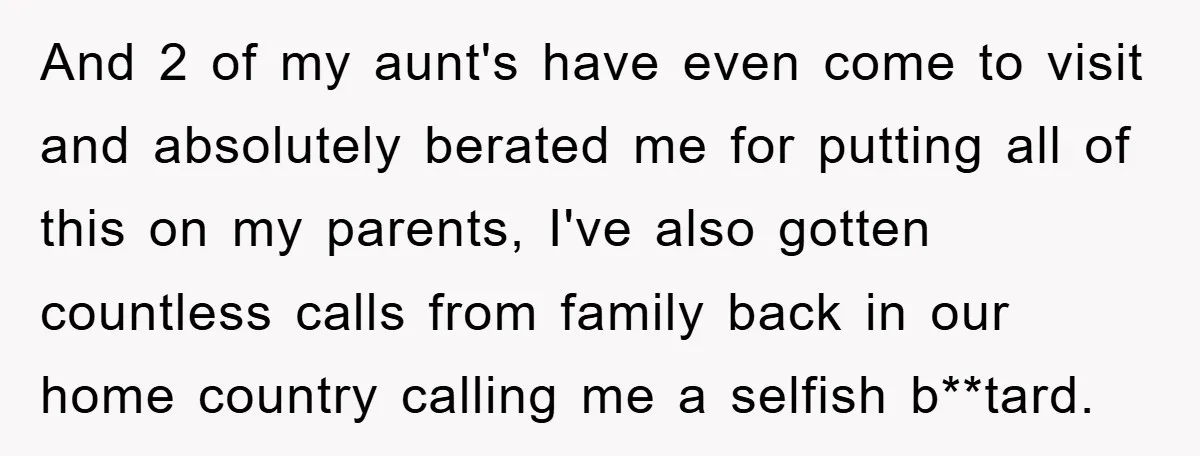 And 2 of my aunt's have even come to visit and absolutely berated me for putting all of this on my parents, I've also gotten countless calls from family back...