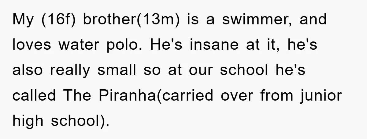 My (16f) brother(13m) is a swimmer, and loves water polo. He's insane at it, he's also really small so at our school he's called The Piranha(carried over from junior high...
