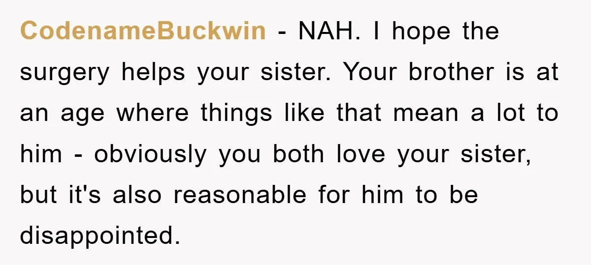 CodenameBuckwin − NAH. I hope the surgery helps your sister. Your brother is at an age where things like that mean a lot to him - obviously you both love...