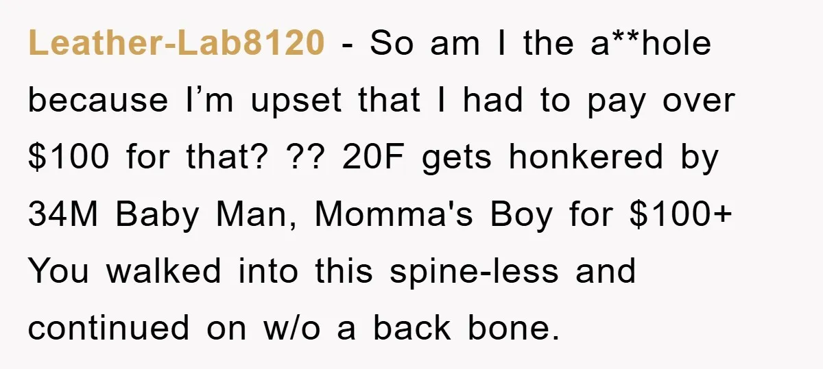 Leather-Lab8120 − So am I the a**hole because I’m upset that I had to pay over $100 for that? ?? 20F gets honkered by 34M Baby Man, Momma's Boy for...