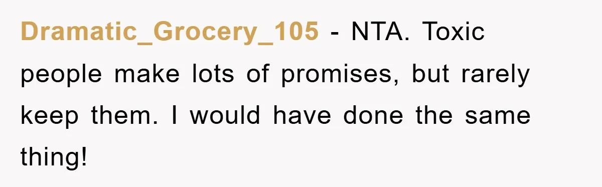 Dramatic_Grocery_105 − NTA. Toxic people make lots of promises, but rarely keep them. I would have done the same thing!