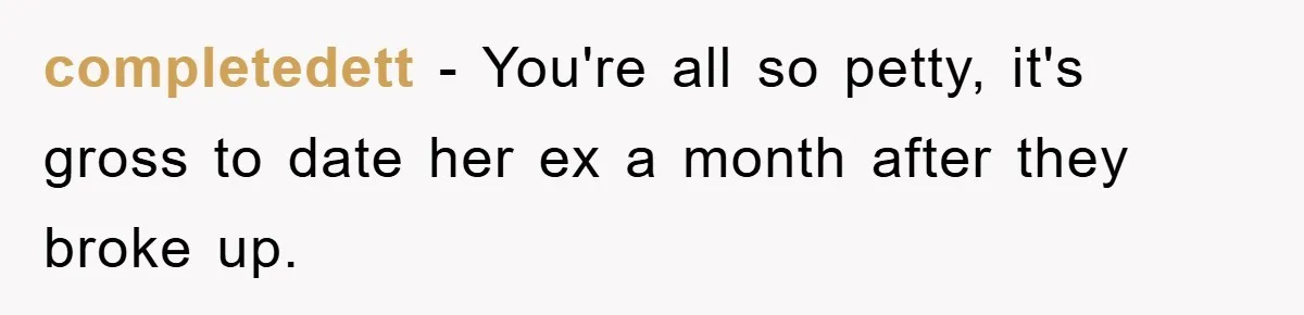completedett − You're all so petty, it's gross to date her ex a month after they broke up.