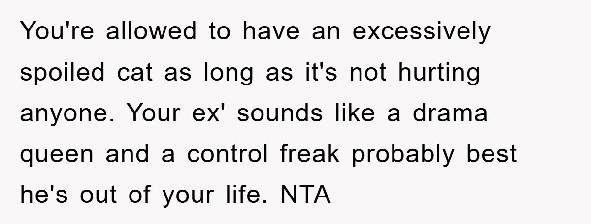 You're allowed to have an excessively spoiled cat as long as it's not hurting anyone. Your ex' sounds like a drama queen and a control freak probably best he's out...