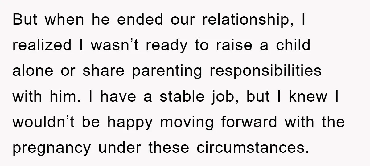 But when he ended our relationship, I realized I wasn’t ready to raise a child alone or share parenting responsibilities with him. I have a stable job, but I knew...