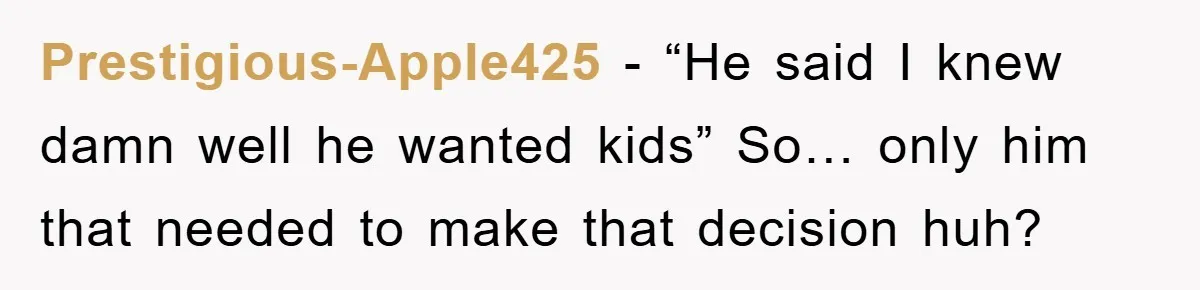 Prestigious-Apple425 − “He said I knew damn well he wanted kids” So… only him that needed to make that decision huh?
