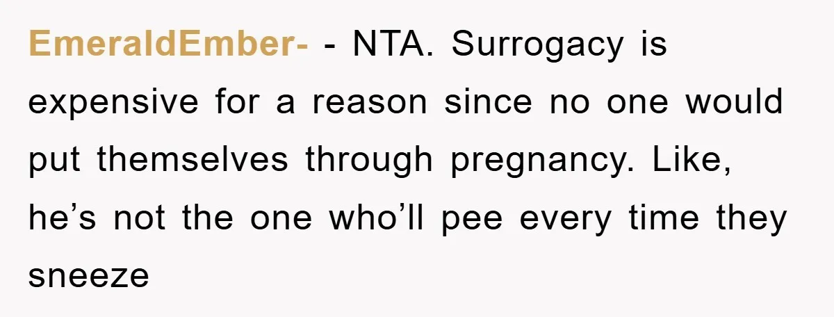 EmeraldEmber- − NTA. Surrogacy is expensive for a reason since no one would put themselves through pregnancy. Like, he’s not the one who’ll pee every time they sneeze