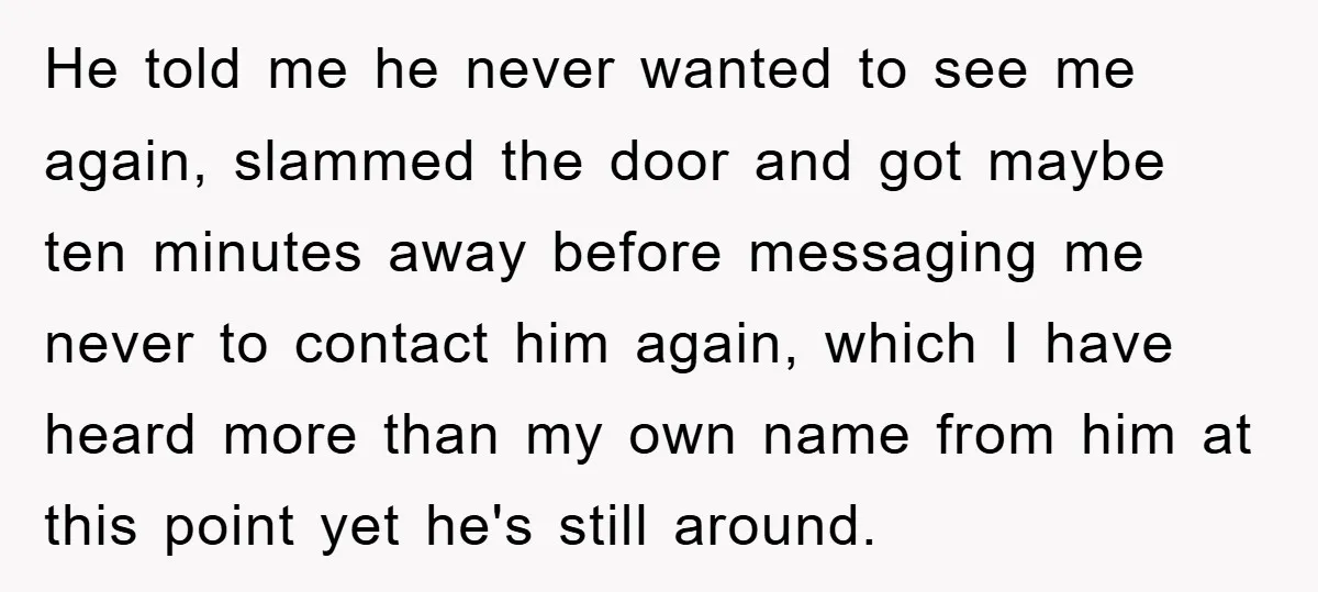 He told me he never wanted to see me again, slammed the door and got maybe ten minutes away before messaging me never to contact him again, which I have...