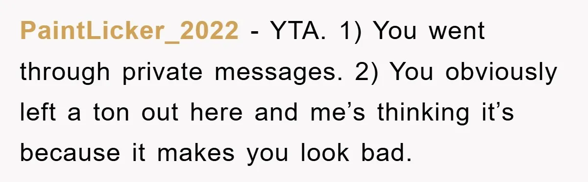 PaintLicker_2022 − YTA. 1) You went through private messages. 2) You obviously left a ton out here and me’s thinking it’s because it makes you look bad.