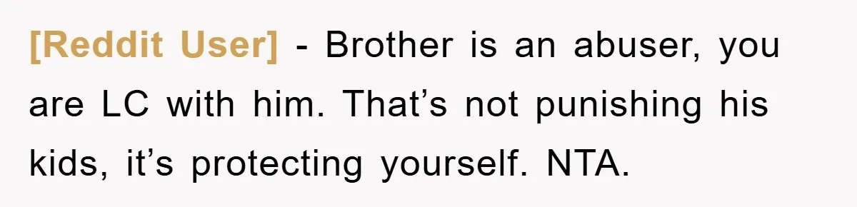 [Reddit User] − Brother is an abuser, you are LC with him. That’s not punishing his kids, it’s protecting yourself. NTA.