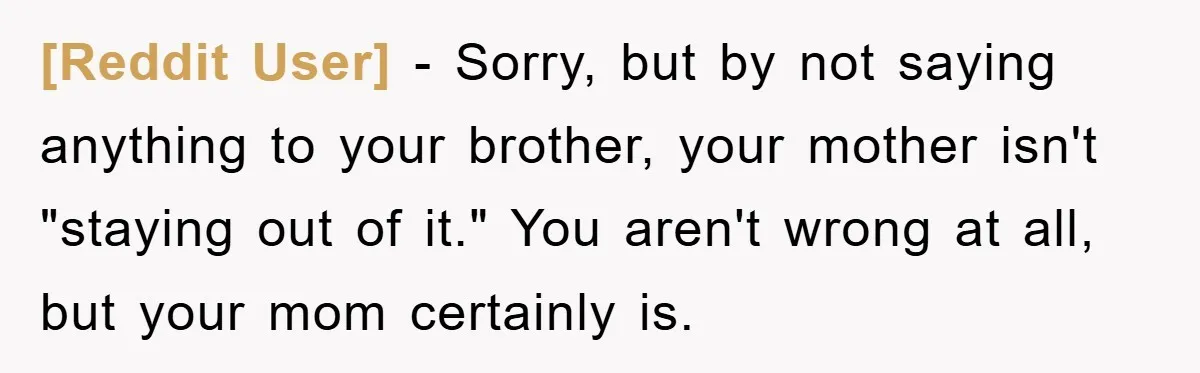 [Reddit User] − Sorry, but by not saying anything to your brother, your mother isn't "staying out of it." You aren't wrong at all, but your mom certainly is.