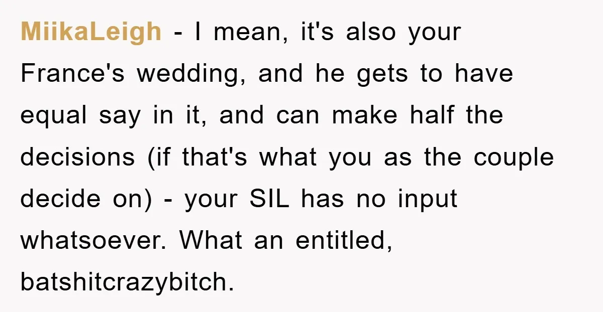 MiikaLeigh − I mean, it's also your France's wedding, and he gets to have equal say in it, and can make half the decisions (if that's what you as the...