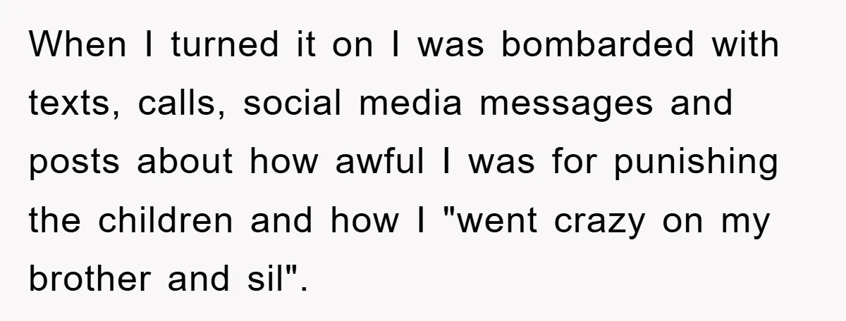 When I turned it on I was bombarded with texts, calls, social media messages and posts about how awful I was for punishing the children and how I "went crazy...