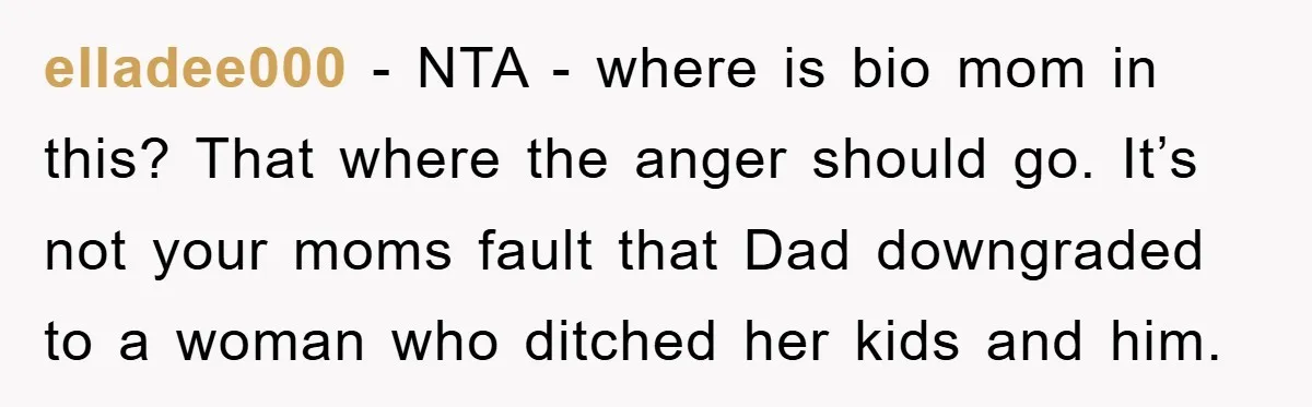 elladee000 − NTA - where is bio mom in this? That where the anger should go. It’s not your moms fault that Dad downgraded to a woman who ditched her...