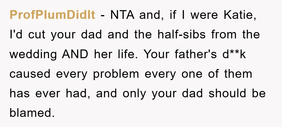 ProfPlumDidIt − NTA and, if I were Katie, I'd cut your dad and the half-sibs from the wedding AND her life. Your father's d**k caused every problem every one of...