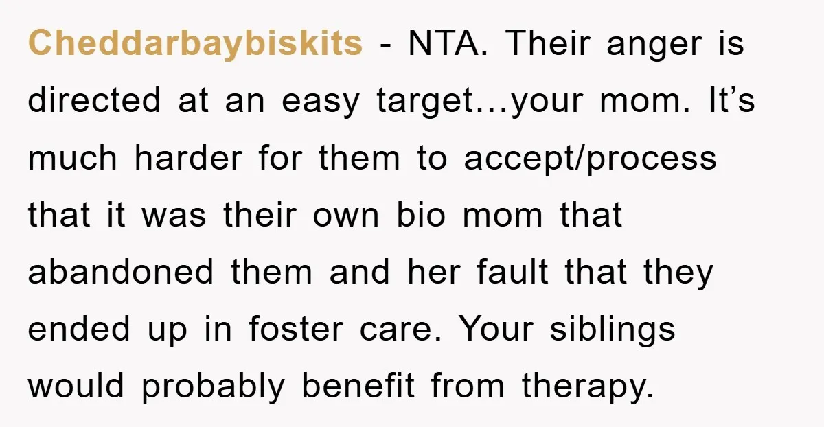 Cheddarbaybiskits − NTA. Their anger is directed at an easy target…your mom. It’s much harder for them to accept/process that it was their own bio mom that abandoned them and...