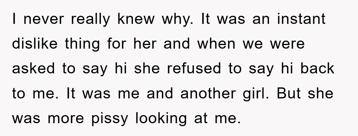 I never really knew why. It was an instant dislike thing for her and when we were asked to say hi she refused to say hi back to me. It...