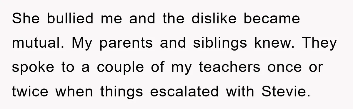 She bullied me and the dislike became mutual. My parents and siblings knew. They spoke to a couple of my teachers once or twice when things escalated with Stevie.