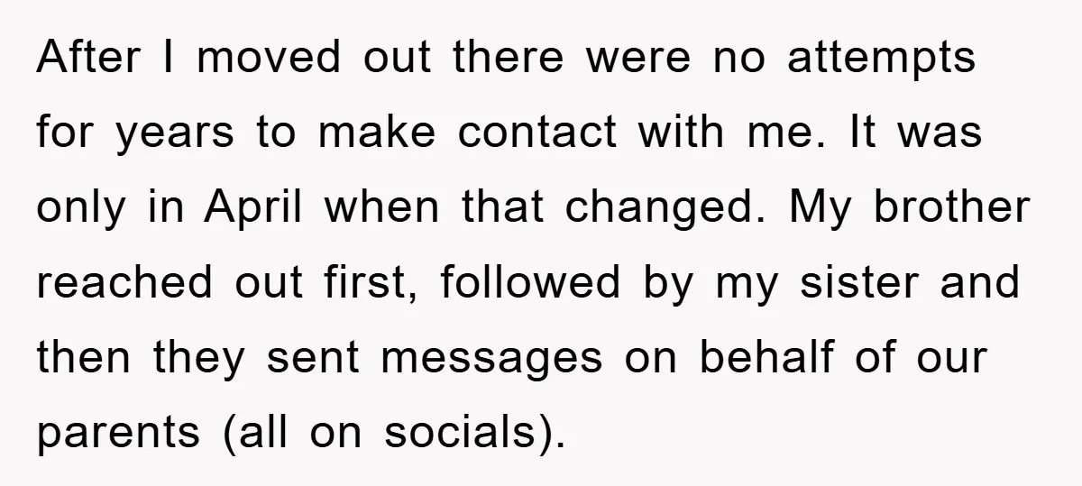 After I moved out there were no attempts for years to make contact with me. It was only in April when that changed. My brother reached out first, followed by...