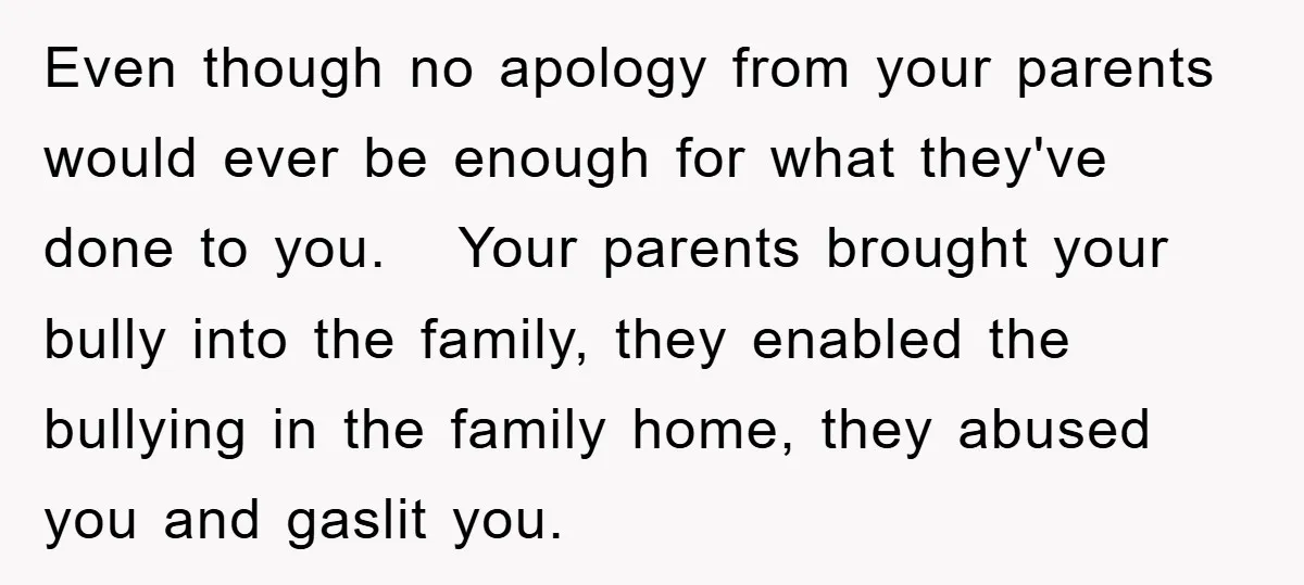 Even though no apology from your parents would ever be enough for what they've done to you. Your parents brought your bully into the family, they enabled the bullying in...