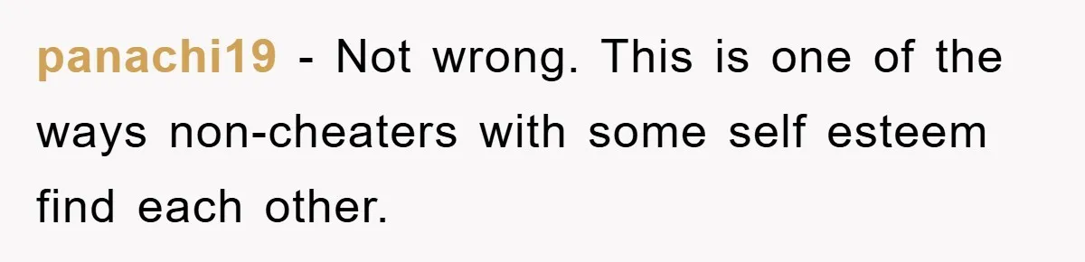 panachi19 − Not wrong. This is one of the ways non-cheaters with some self esteem find each other.