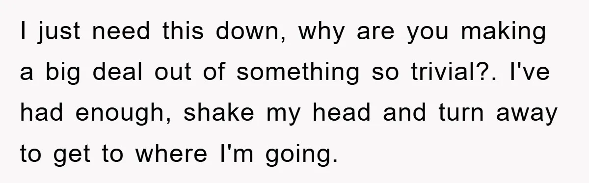 I just need this down, why are you making a big deal out of something so trivial?. I've had enough, shake my head and turn away to get to where...
