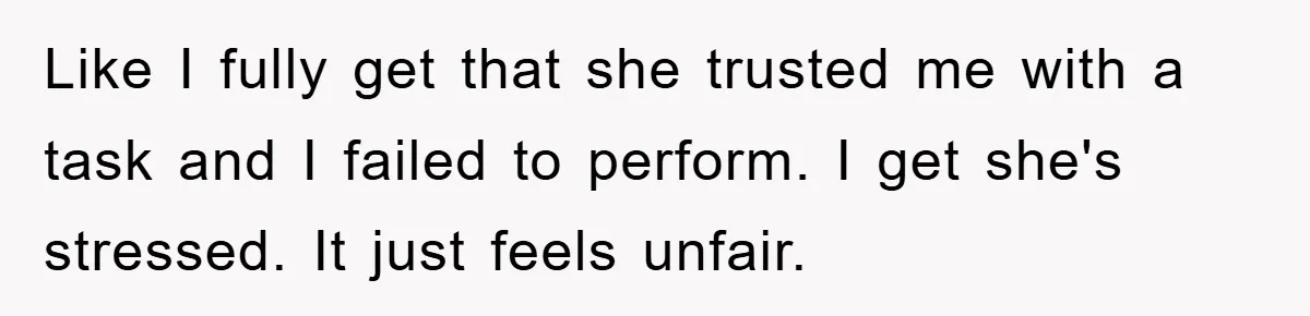 Like I fully get that she trusted me with a task and I failed to perform. I get she's stressed. It just feels unfair.