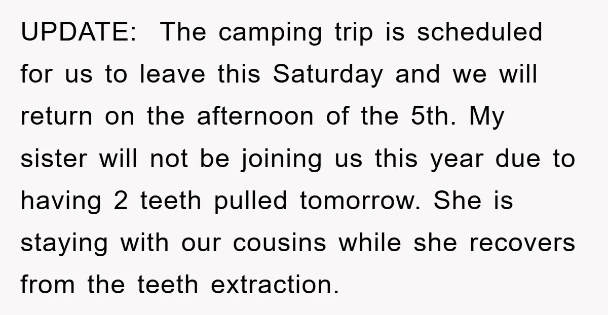 UPDATE: The camping trip is scheduled for us to leave this Saturday and we will return on the afternoon of the 5th. My sister will not be joining us this...