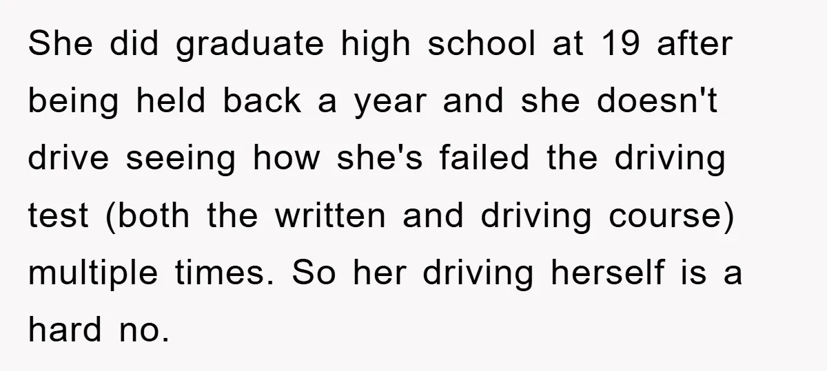 She did graduate high school at 19 after being held back a year and she doesn't drive seeing how she's failed the driving test (both the written and driving course)...
