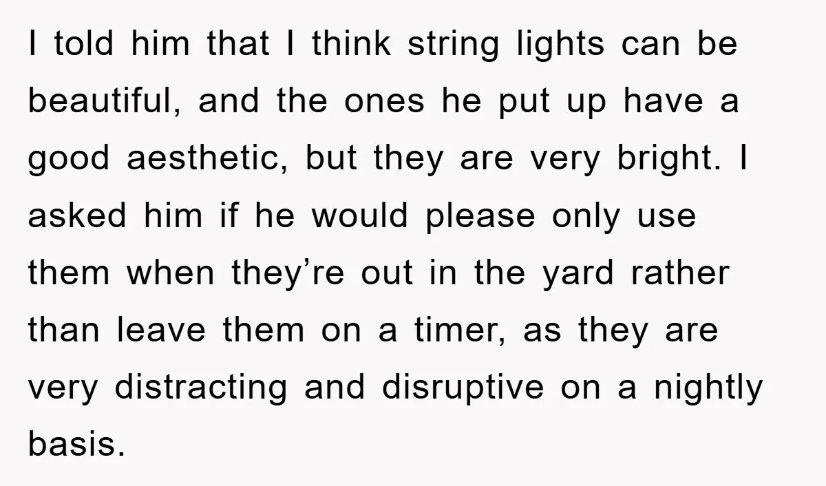 I told him that I think string lights can be beautiful, and the ones he put up have a good aesthetic, but they are very bright. I asked him if...