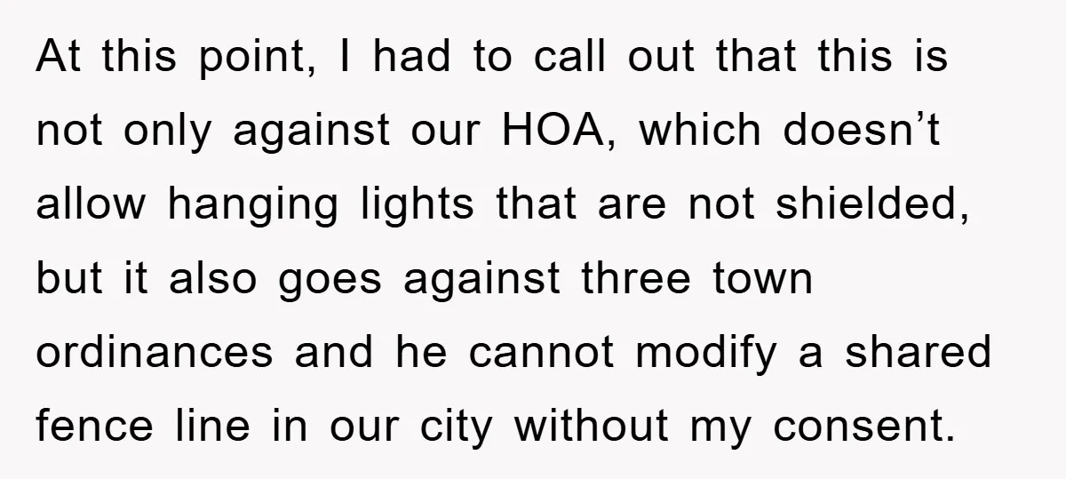 At this point, I had to call out that this is not only against our HOA, which doesn’t allow hanging lights that are not shielded, but it also goes against...