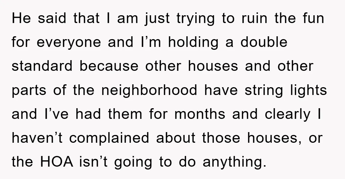 He said that I am just trying to ruin the fun for everyone and I’m holding a double standard because other houses and other parts of the neighborhood have string...