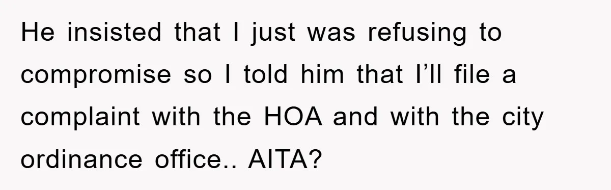 He insisted that I just was refusing to compromise so I told him that I’ll file a complaint with the HOA and with the city ordinance office.. AITA?