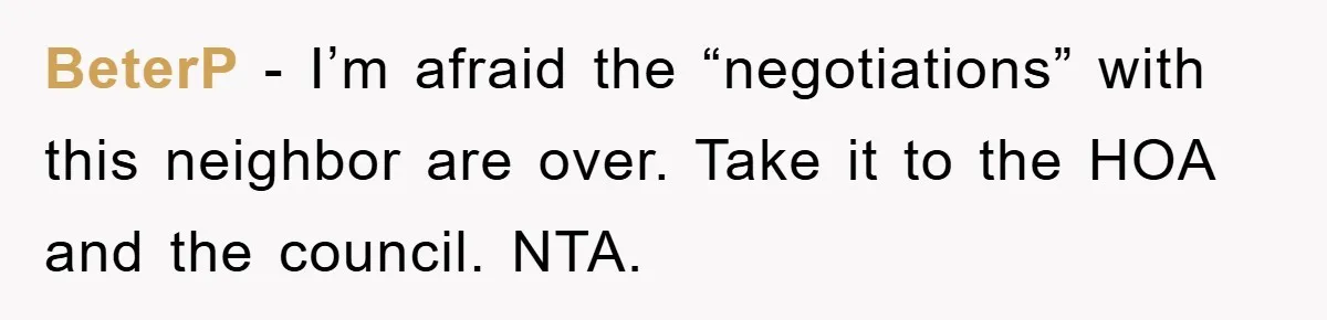 BeterP − I’m afraid the “negotiations” with this neighbor are over. Take it to the HOA and the council. NTA.