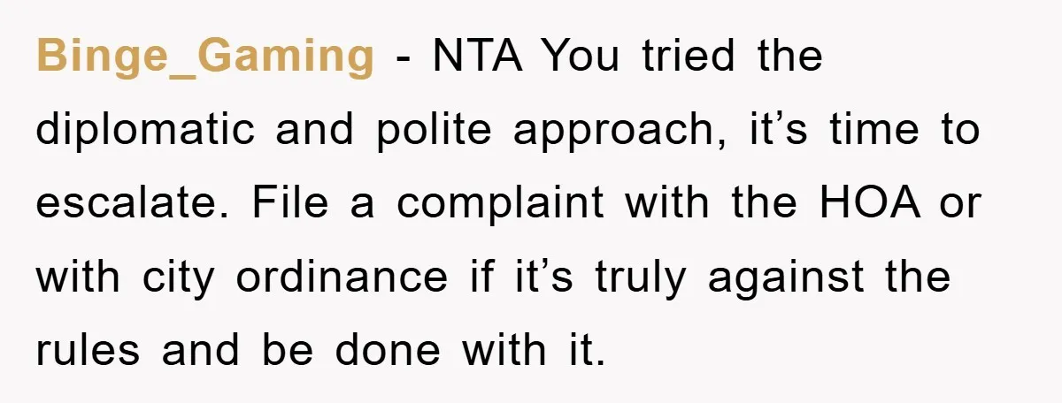 Binge_Gaming − NTA You tried the diplomatic and polite approach, it’s time to escalate. File a complaint with the HOA or with city ordinance if it’s truly against the rules...