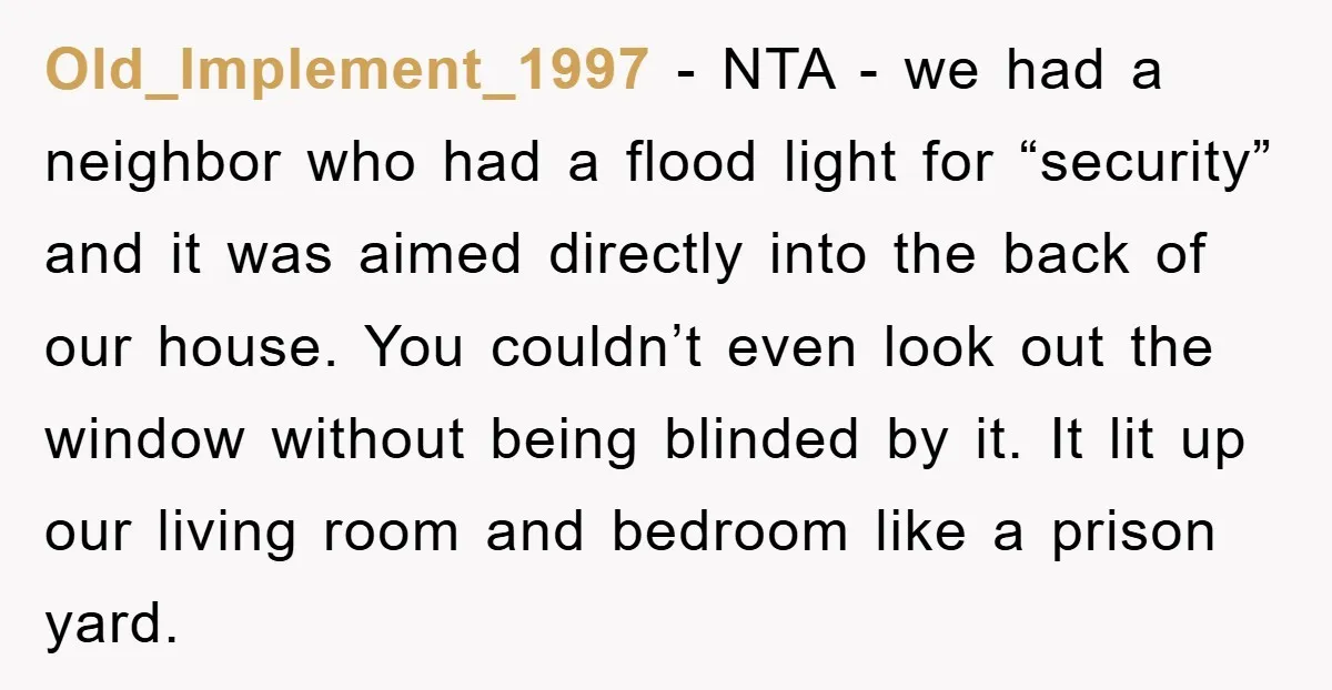 Old_Implement_1997 − NTA - we had a neighbor who had a flood light for “security” and it was aimed directly into the back of our house. You couldn’t even look...