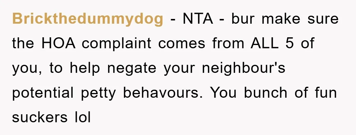 Brickthedummydog − NTA - bur make sure the HOA complaint comes from ALL 5 of you, to help negate your neighbour's potential petty behavours. You bunch of fun suckers lol